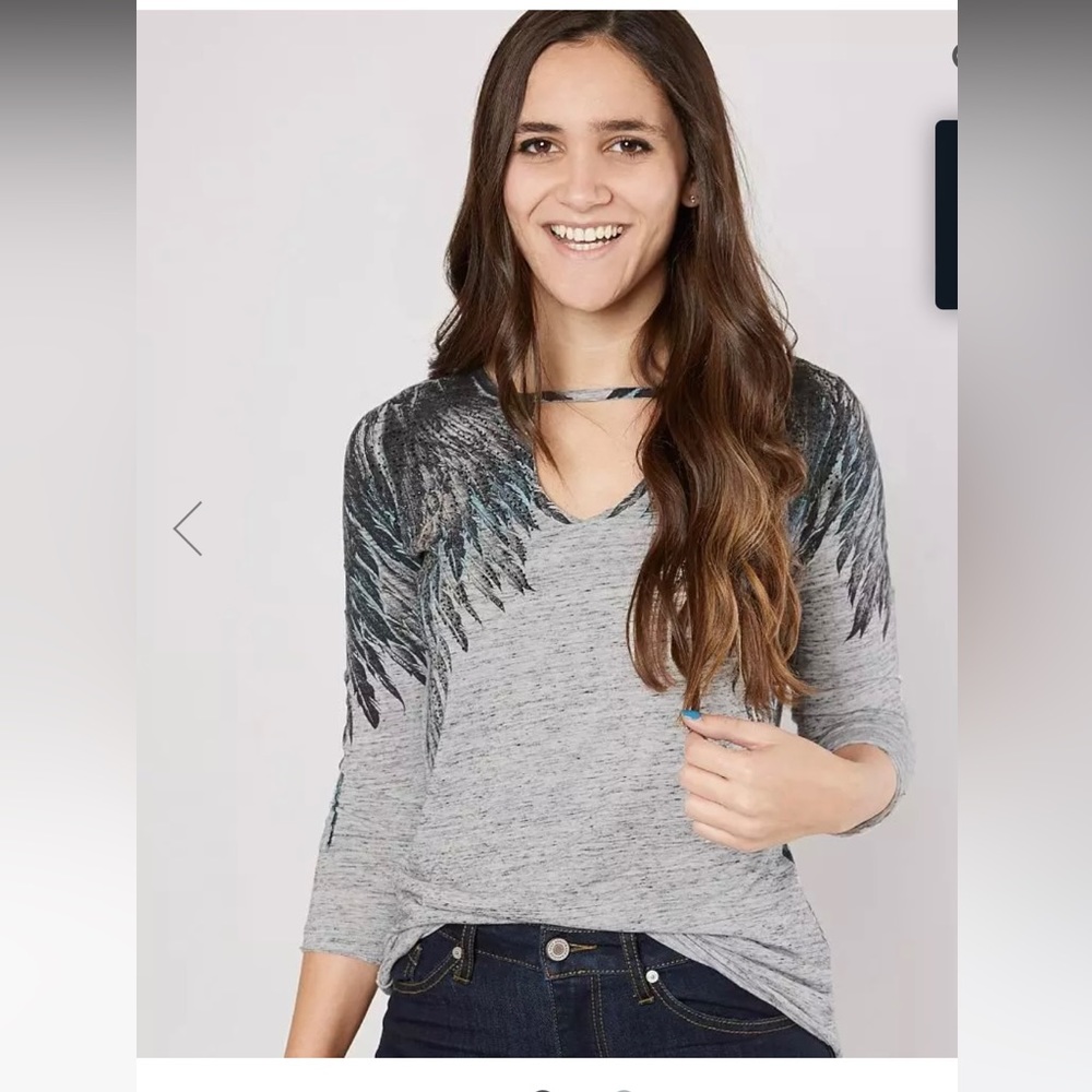 Affliction Scoop Neck Angel Wing 3/4 Sleeve Rhinestone graphic heathered t-shirt